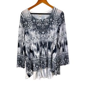ONE WORLD Top Tunic Black White Long Sleeve Rhinestone Extra Large XL